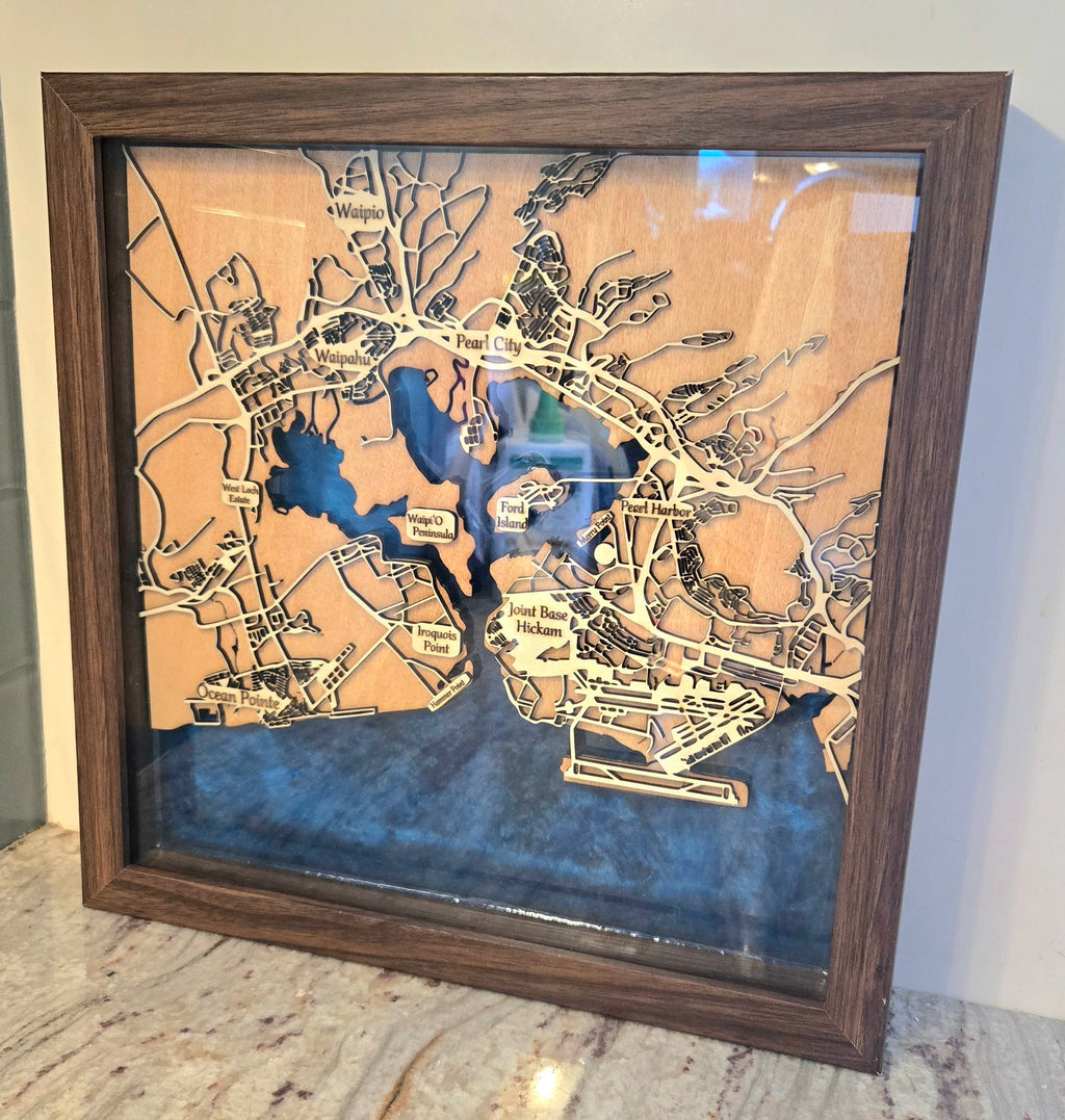 Framed Wood and Epoxy Nautical Map of Pearl Harbor