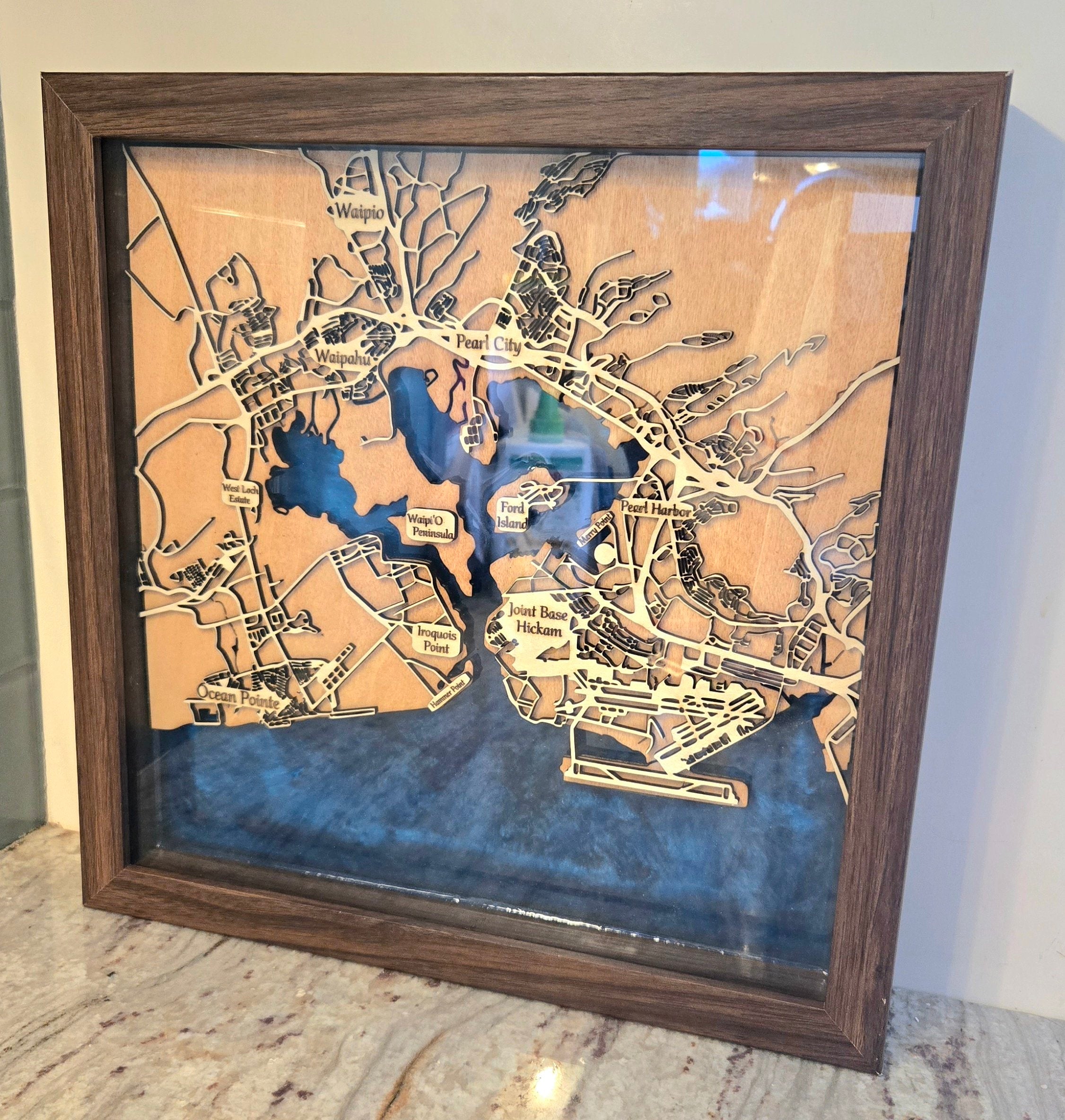 Framed Wood and Epoxy Nautical Map of Pearl Harbor