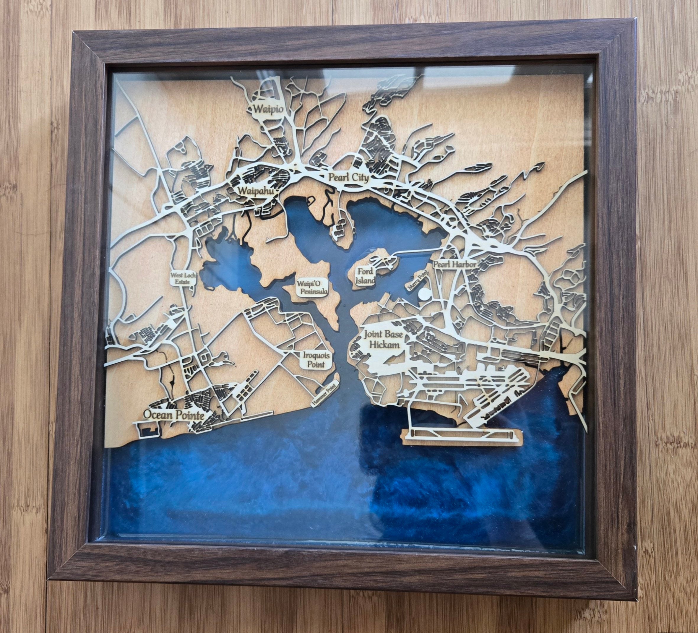 Framed Wood and Epoxy Nautical Map of Pearl Harbor