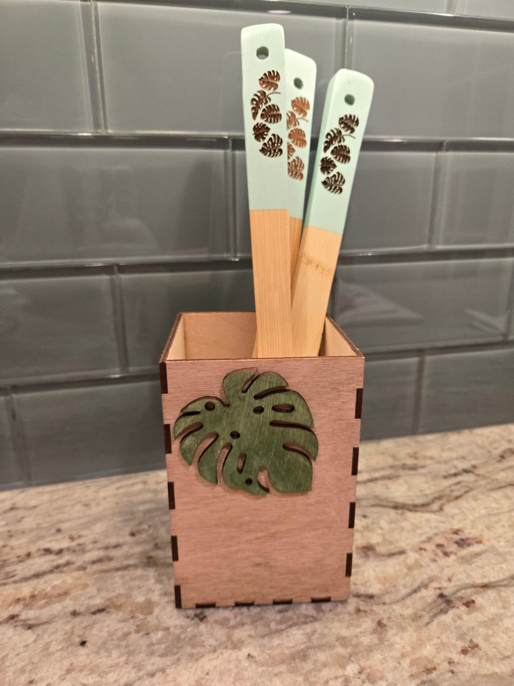 Monstera Wooden Kitchen Utensil Box