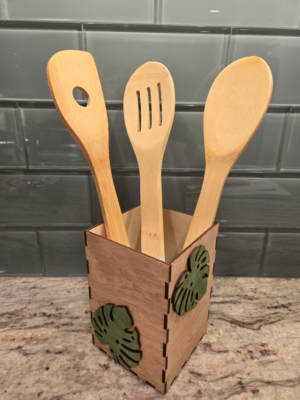 Monstera Wooden Kitchen Utensil Box