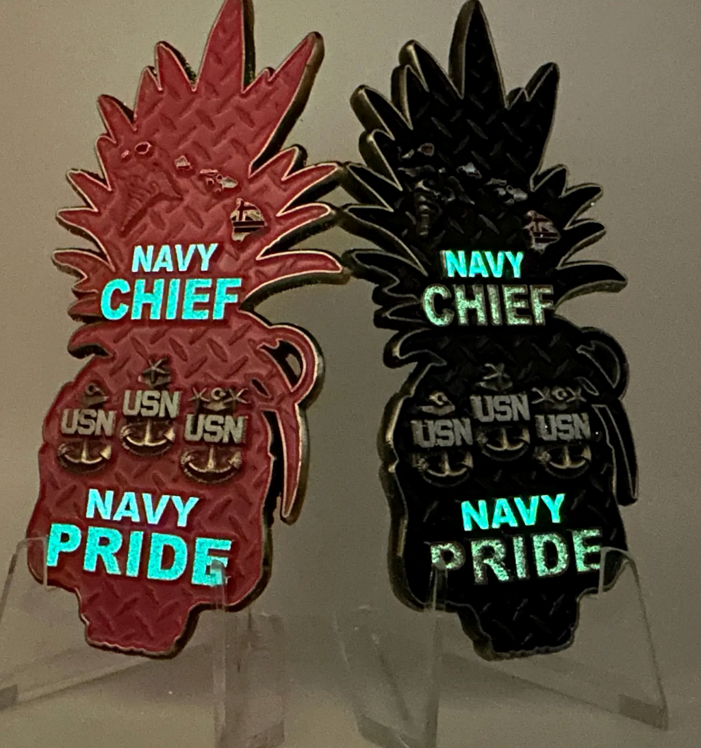 Chief Pineapple Grenade Challenge Coin - Glowing Pink and Red (back)
