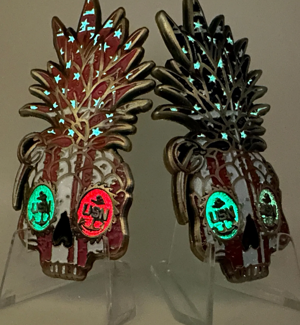 Chief Pineapple Grenade Challenge Coin - Glowing Pink and Red (front)