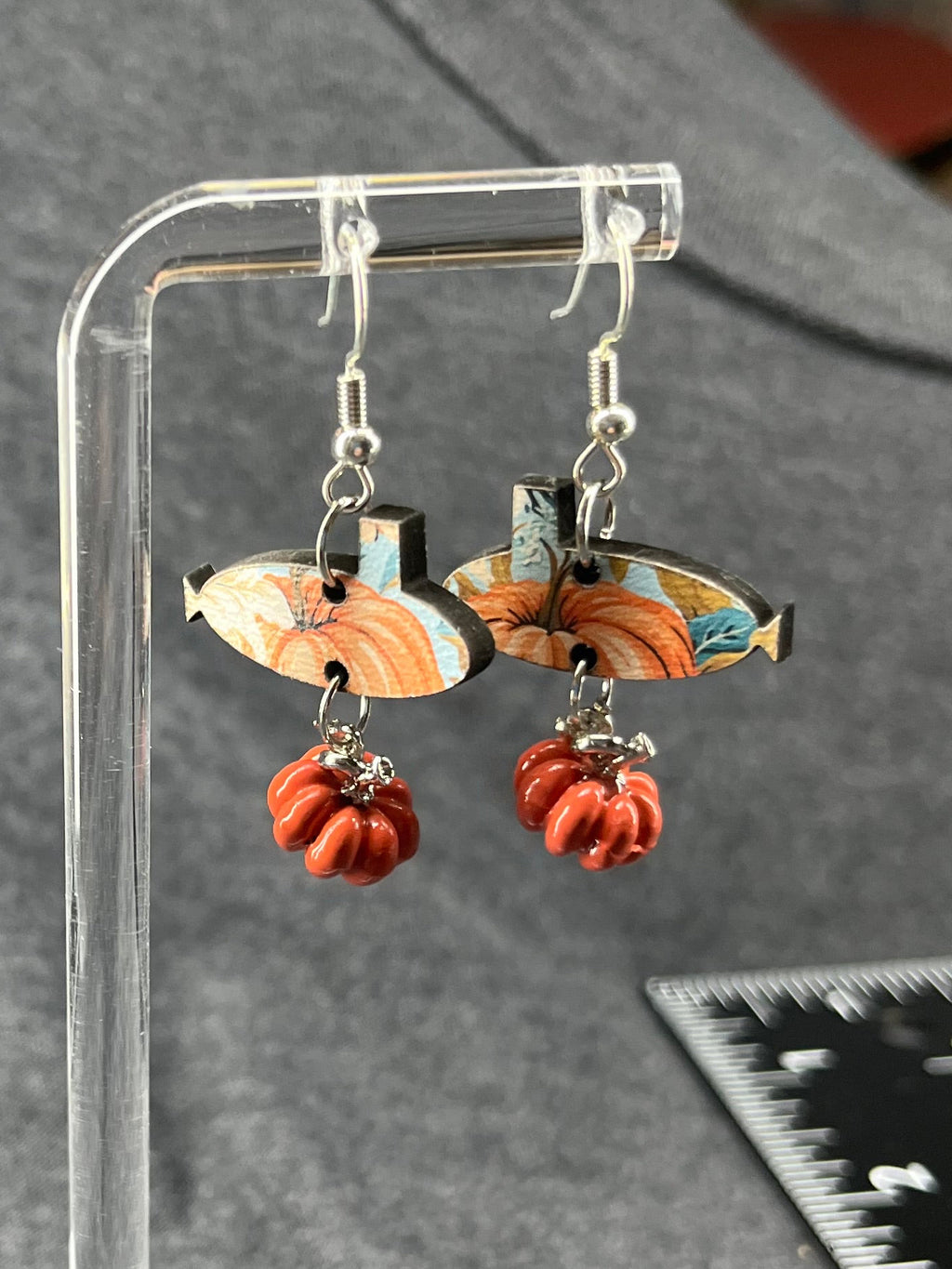 Fall Pattern Sub & Pumpkin Dangle Hook Earrings