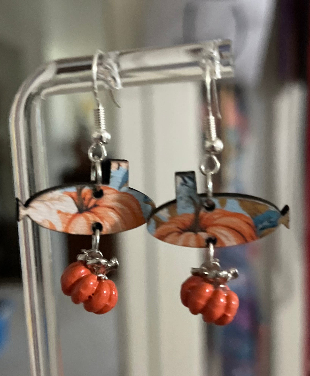 Fall Pattern Sub & Pumpkin Dangle Hook Earrings