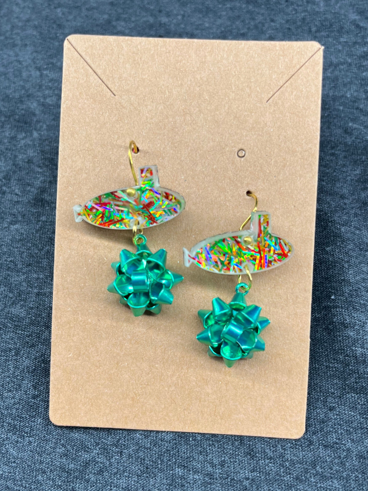 Green Bow & Glitter Submarine Hook Earrings