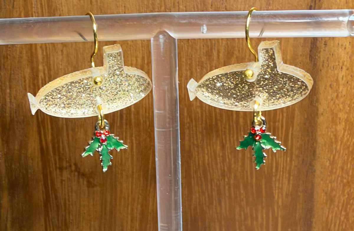 Holly and Gold Glitter Submarine Hook Earrings