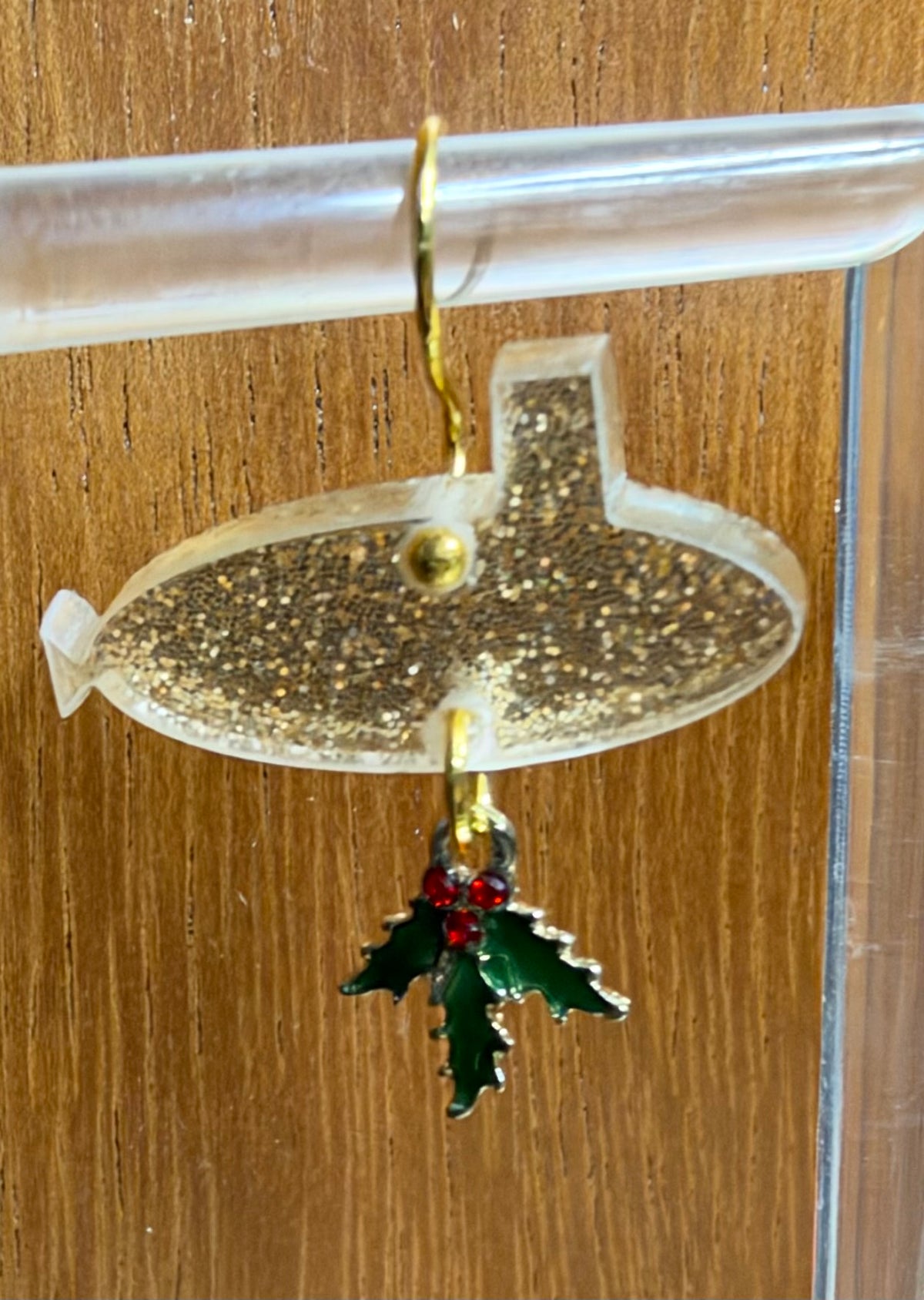 Holly and Gold Glitter Submarine Hook Earrings