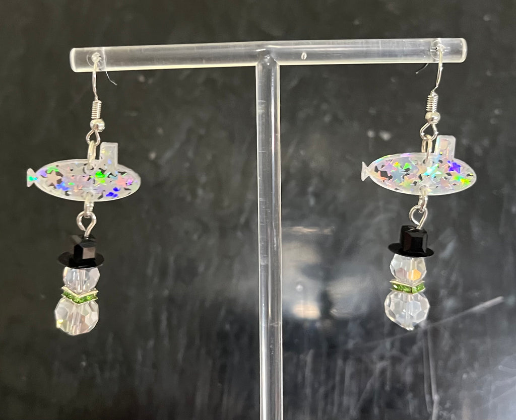 Snowman (green scarf) and Silver Starry Glitter Submarine Hook Earrings