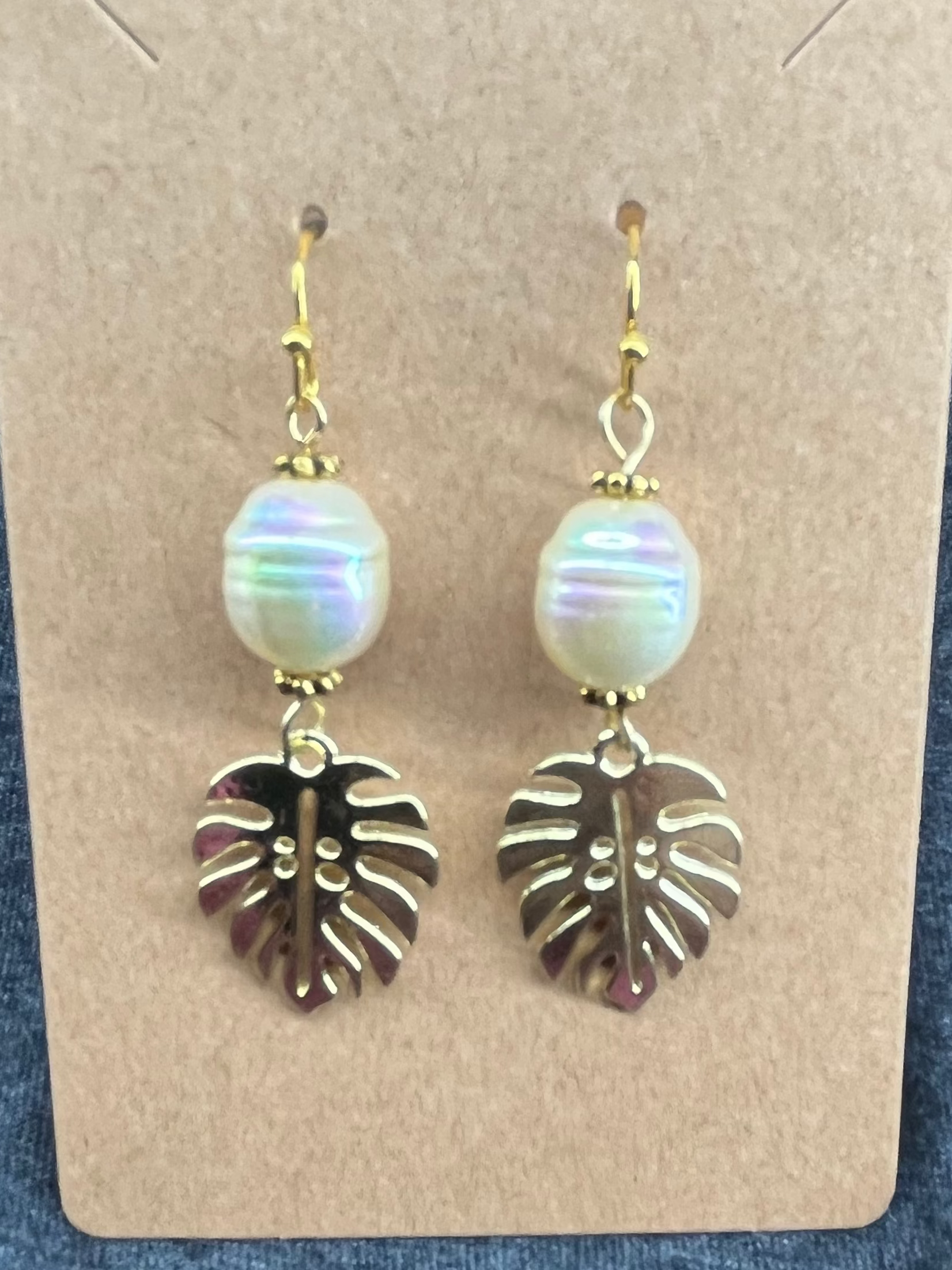 Pearl and Monstera Leaf Hook Earrings by Dolphins Off the Bow
