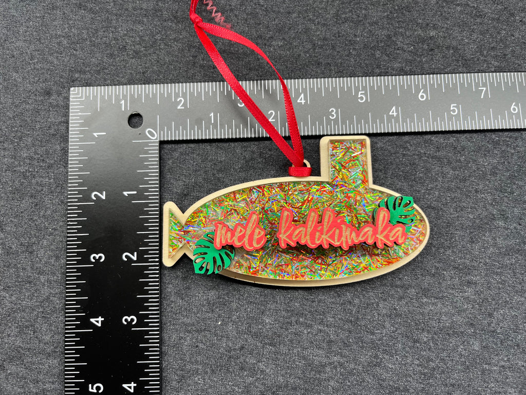 Layered Mele Kalikimaka Ornament - Glitter and Monstera