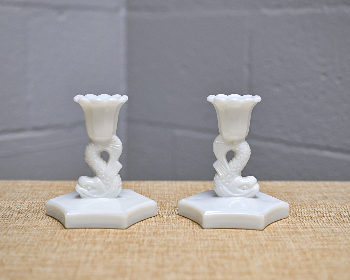 Vintage 4" Westmoreland Milk Glass Dolphin Candlestick Holder Set