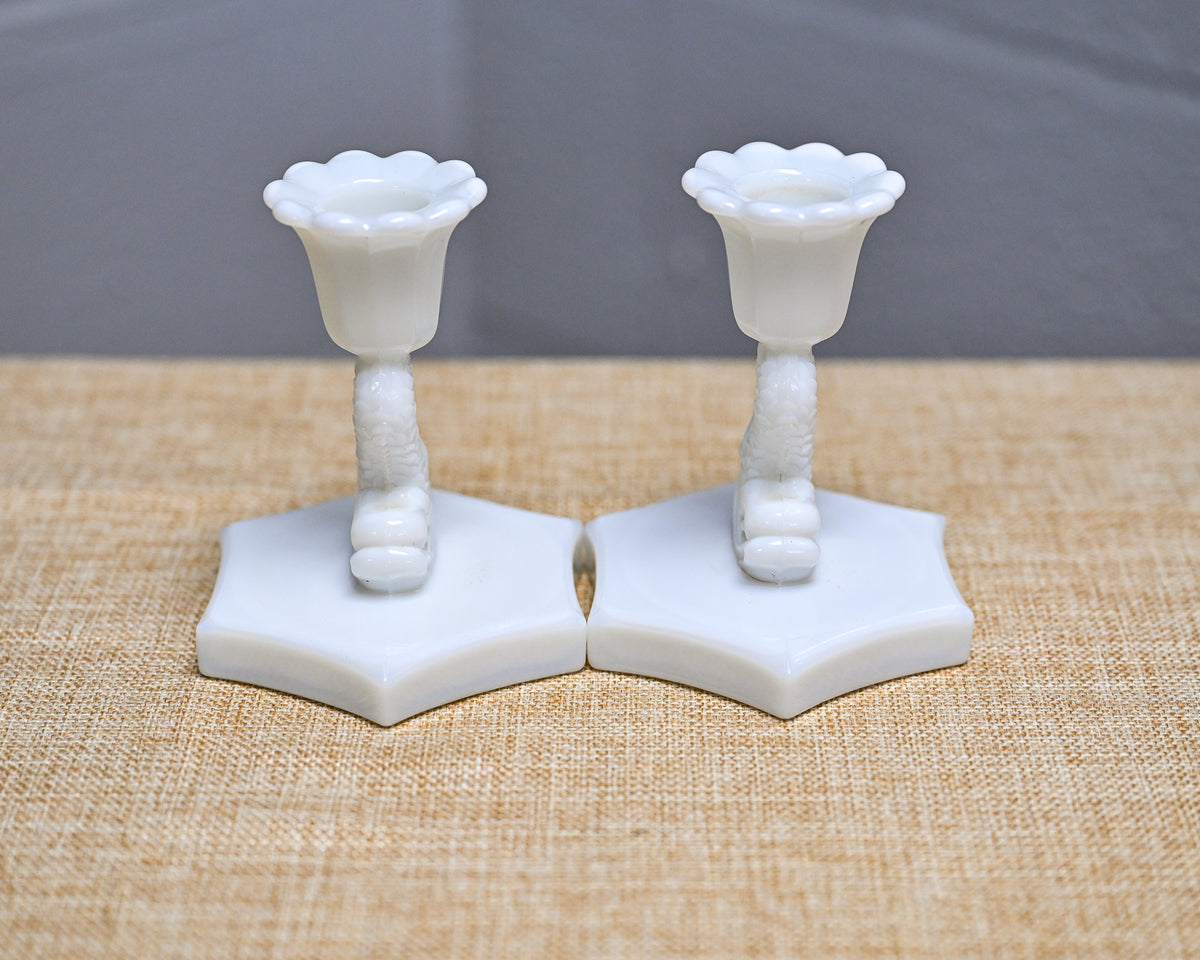 Vintage 4" Westmoreland Milk Glass Dolphin Candlestick Holder Set