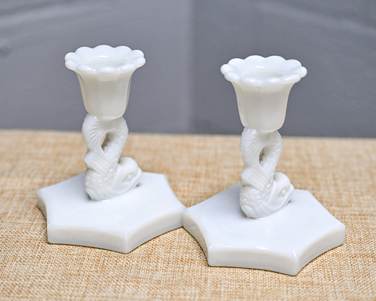 Vintage 4" Westmoreland Milk Glass Dolphin Candlestick Holder Set