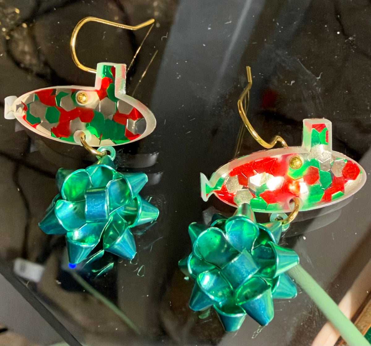 Green Bow & Red/Green/Gold Glitter Submarine Hook Earrings