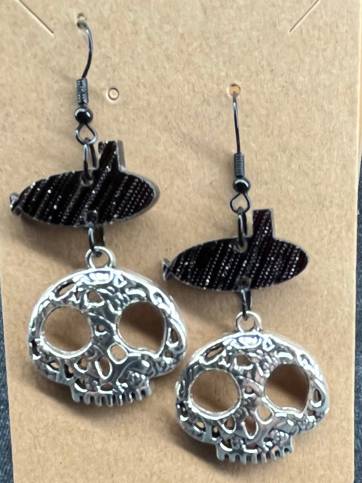 Large Skull and Submarine Dangle Earrings by Dolphins off the Bow
