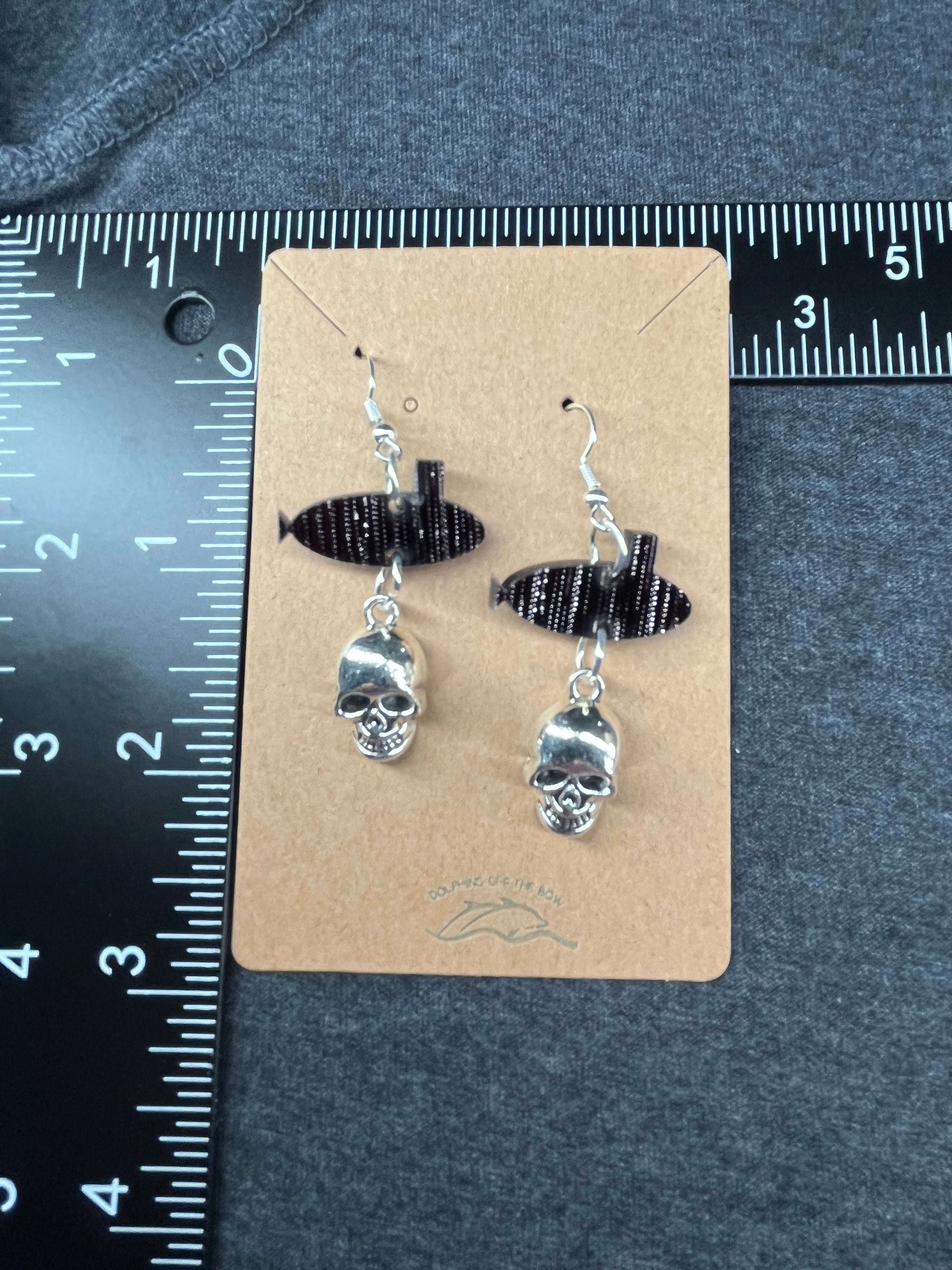 Small Skull & Submarine Dangle Earrings by Dolphins Off the Bow