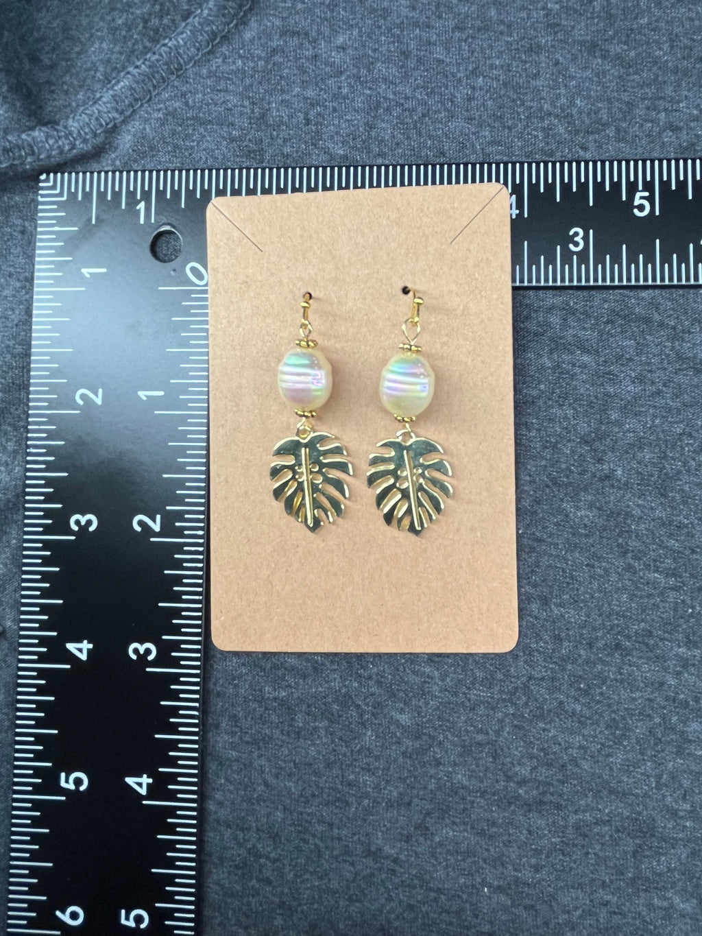 Pearl and Monstera Leaf Hook Earrings by Dolphins Off the Bow