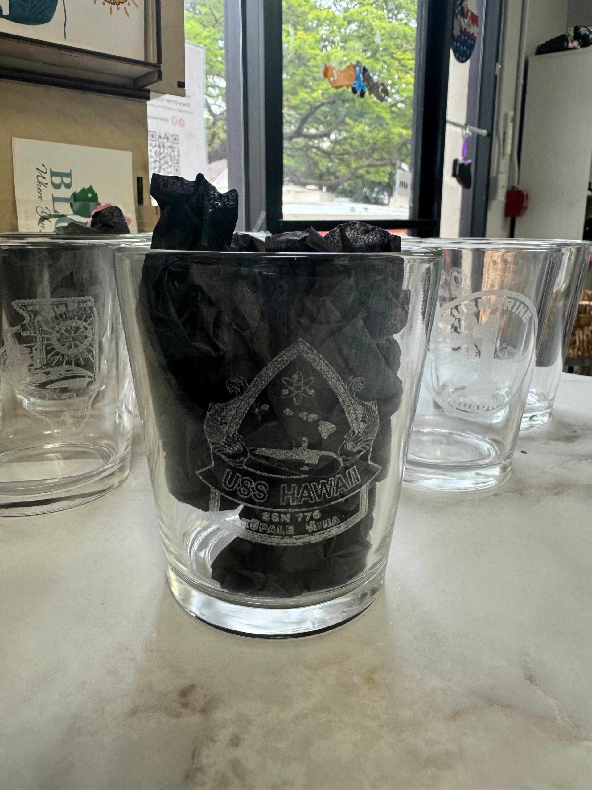 Whiskey Glass with Etching - USS Hawaii (SSN-776)