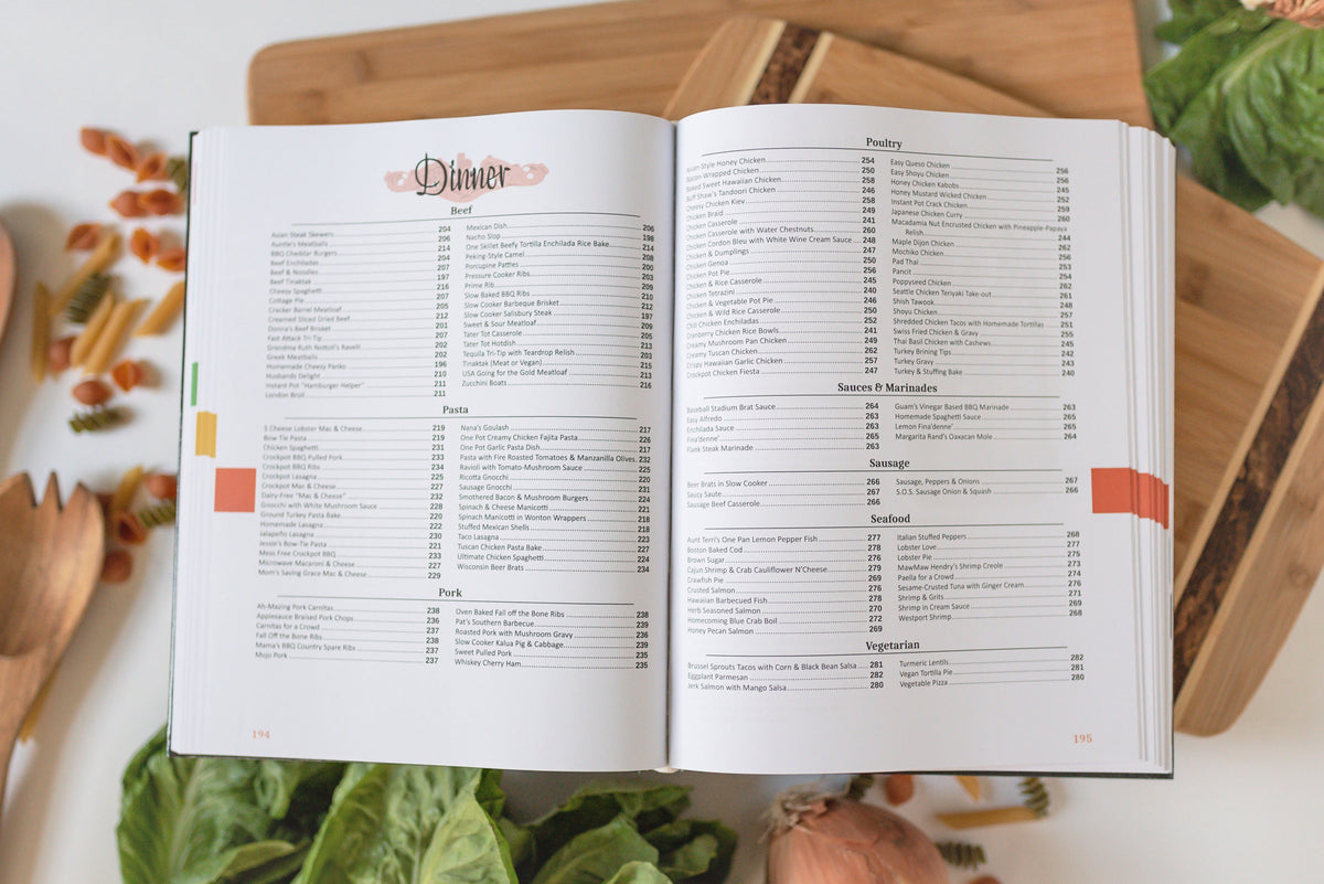 Open spread from Best Fed in the Fleet showing dinner table of contents.