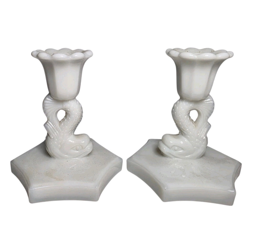 Vintage 4" Westmoreland Milk Glass Dolphin Candlestick Holder Set