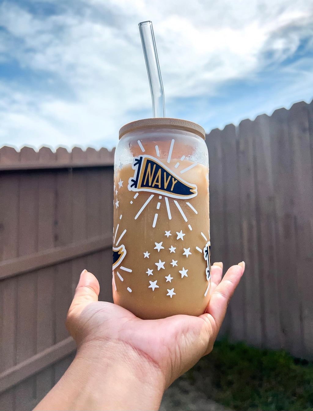 Navy Pennant Glass Can Cup
