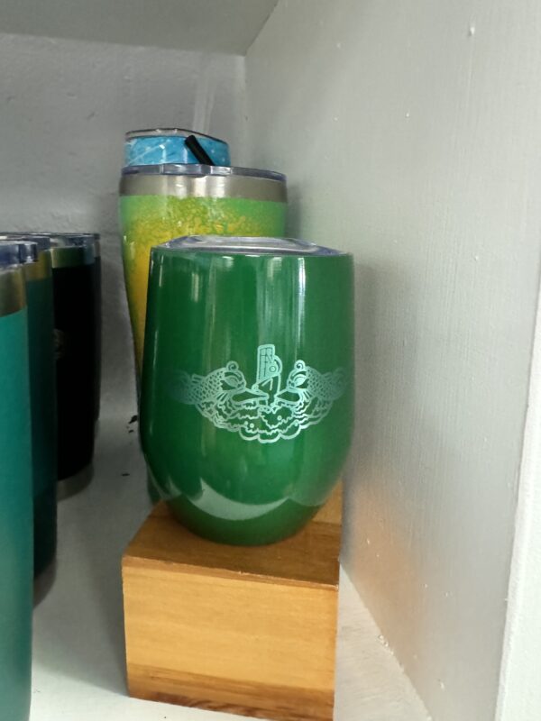 Metal Stemless Wine Tumbler - green with dolphins