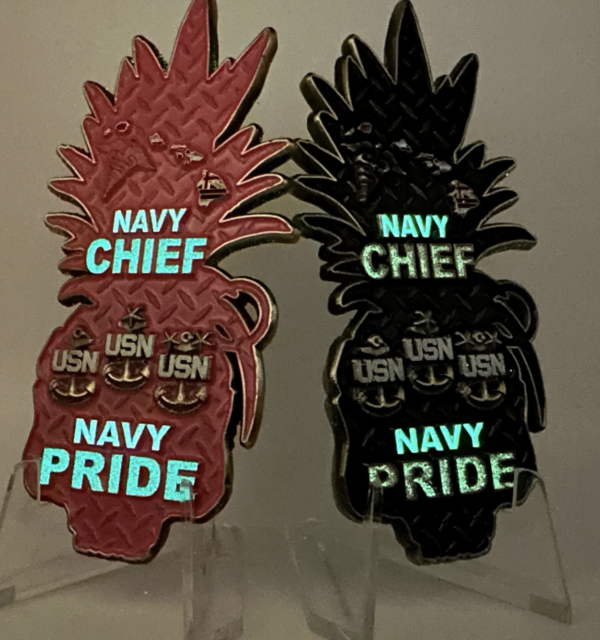 Chief Pineapple Grenade Challenge Coin - Glowing Pink and Red (back)