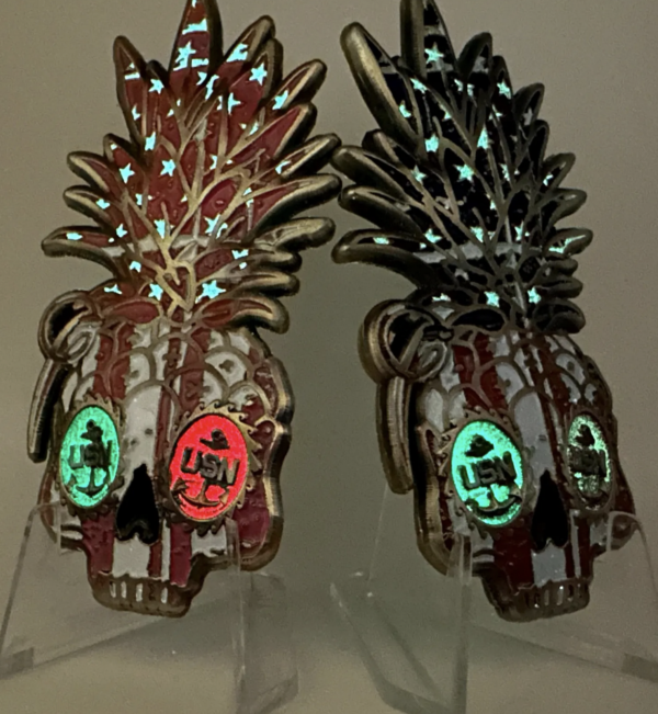 Chief Pineapple Grenade Challenge Coin - Glowing Pink and Red (front)