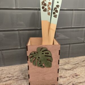 Monstera Wooden Kitchen Utensil Box